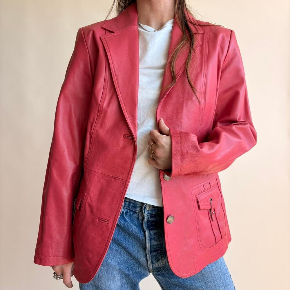 Pamela McCoy Raspberry Pink Leather Moto Jacket - Size Small - Picture 7 of 8